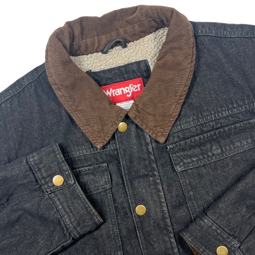 Wrangler Chore Jacket Mens 3XL‎ Black Denim Sherpa Lined Corduroy Collar